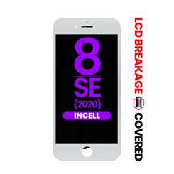 Order the white LCD assembly with steel plate for iPhone 8 and SE 2020 – aftermarket Incell QV7 with exclusive LCD breakage.