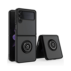 Galaxy Z Flip 4 Hard PC Rear / Soft TPU Colorful Border Case with I - ring Holder - BLACK (Only Ground Shipping)