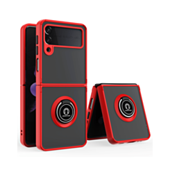Galaxy Z Flip 4 Hard PC Rear / Soft TPU Colorful Border Case with I - ring Holder - RED (Only Ground Shipping)
