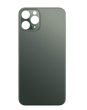 Buy the back glass with a bigger camera hole for iPhone 11 Pro Max in midnight green. It has no logo.