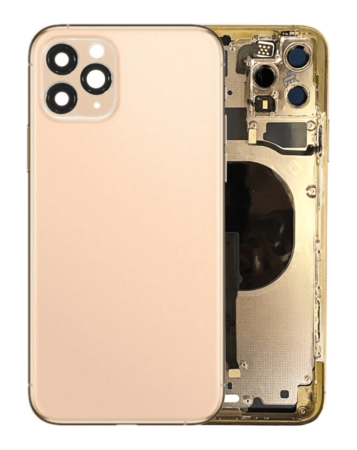 Shop the back housing frame with small components pre-installed for iPhone 11 Pro Max in gold. It has no logo.