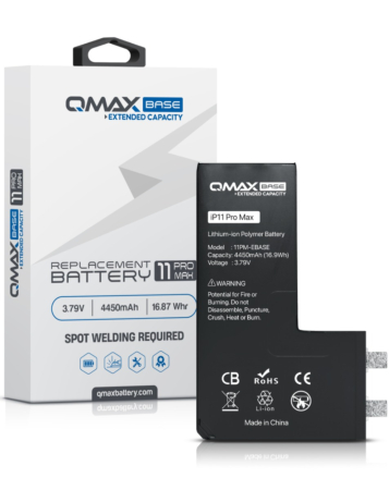 Order the QMAX Base extended capacity replacement battery for iPhone 11 Pro Max, 4450 mAh. Spot weld is required.