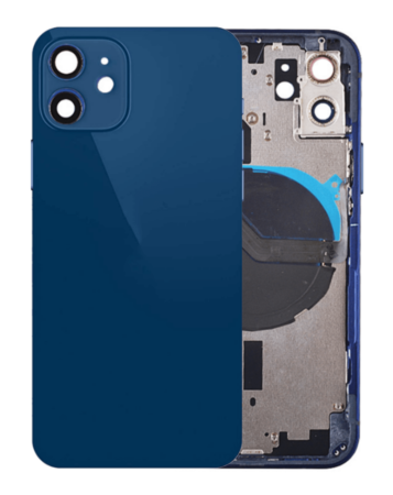 Grab the wholesale deals on the blue back housing frame with small components pre-installed for iPhone 12, no logo.
