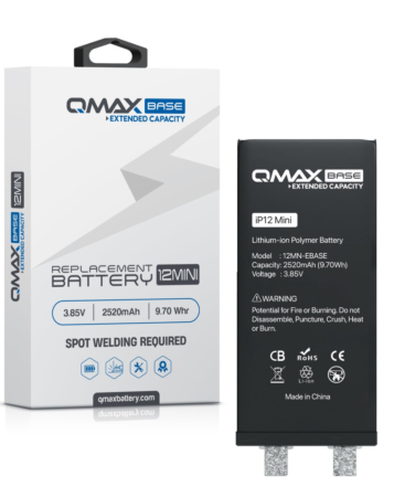 Shop the QMAX Base extended capacity replacement battery for iPhone 12 Mini with 2520 mAh, spot weld required.
