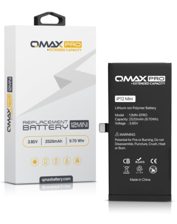Purchase the QMAX Pro extended capacity replacement battery for iPhone 12 Mini with 2520 mAh.
