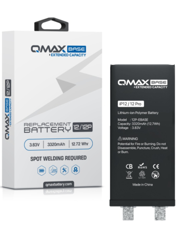 Order the QMAX Base Extended Capacity Replacement Battery for iPhone 12 and 12 Pro, Spot Weld Required, 3320 mAH.







