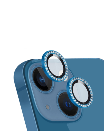 Buy the Diamonds Metal Ring with HD Tempered Glass for iPhone 13 and 13 Mini in Blue.