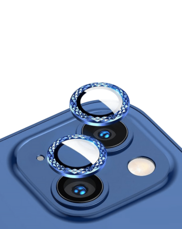 Grab the wholesale deals on the Iced Out Square Camera Lens with HD Tempered Glass for iPhone 13 and 13 Mini in Blue.