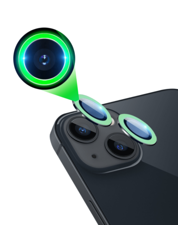 Order the Glow in The Dark Camera Lens with HD Tempered Glass for iPhone 13 and 13 Mini in Green.