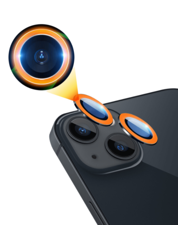 Purchase the Glow in The Dark Camera Lens with HD Tempered Glass for iPhone 13 and 13 Mini in Orange.
