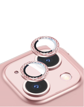 Stock up on the Iced Out Square Camera Lens with HD Tempered Glass for iPhone 13 and 13 Mini in Pink.