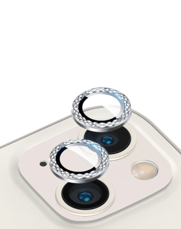 Shop the Iced Out Square Camera Lens with HD Tempered Glass for iPhone 13 and 13 Mini in White.