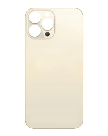 Stock up on the back glass with bigger camera hole for iPhone 13 Pro Max gold, no logo.

