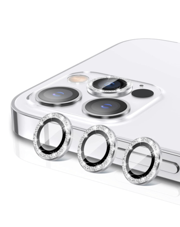 Order the glitter diamond camera lens with HD tempered glass for iPhone 13 Pro Max and 13 Pro in white.

