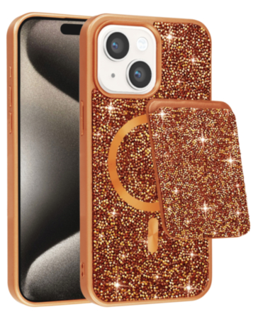 Magnetic Diamond Dual Layer Protection Case with Magnetic Card Slot (ORANGE) for iPhone 13 / 14 (Only Ground Shipping)