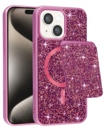 Magnetic Diamond Dual Layer Protection Case with Magnetic Card Slot (PINK) for iPhone 13 / 14 (Only Ground Shipping)