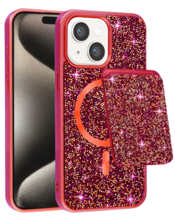 Magnetic Diamond Dual Layer Protection Case with Magnetic Card Slot (RED) for iPhone 13 / 14 (Only Ground Shipping)