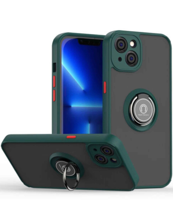 iPhone 14 Plus Hard PC Rear / Soft TPU Colorful Border Case with I - ring Holder - DARK GREEN (Only Ground Shipping)
