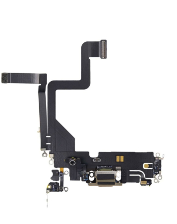 Stock up on the charging port flex cable for iPhone 14 Pro in Gold, aftermarket.