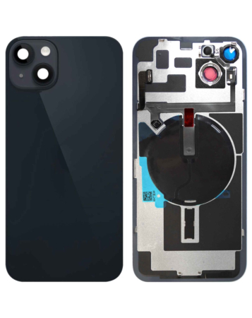 Buy the back glass with frame, wireless NFC charging flex, and MagSafe magnet for the iPhone 14 Plus — in Midnight, no logo.