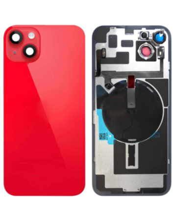Purchase the back glass with frame, wireless NFC charging flex, and MagSafe magnet for the iPhone 14 Plus — in Red, OEM pull A grade.