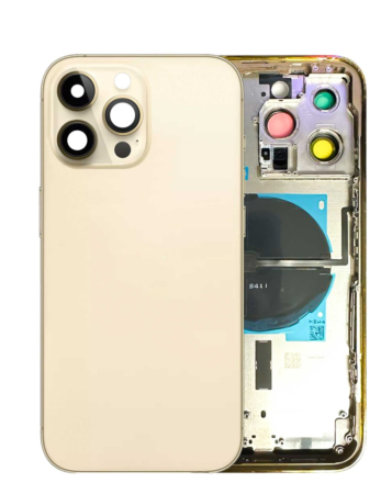 Purchase the Back Housing Frame with Small Components Pre-Installed for iPhone 14 Pro Max, no logo, US version, in Gold.
