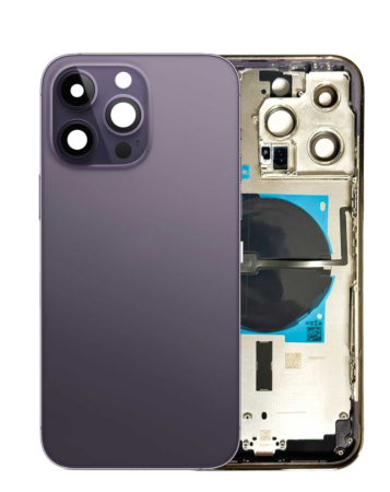 Stock up on the Deep Purple Back Housing Frame with Small Components Pre-Installed for iPhone 14 Pro Max, no logo, US version.
