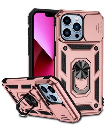 Dual Layers Hybrid Case with Metal Ring And Camera Protector - ROSE GOLD for iPhone 14 Pro (Only Ground Shipping)