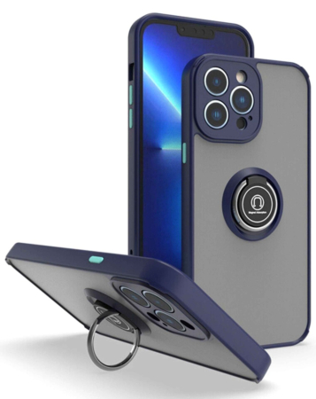 Hard PC Rear / Soft TPU Colorful Border Case with I-ring Holder - NAVY BLUE for iPhone 14 Pro Max (Only Ground Shipping)