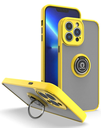 Hard PC Rear / Soft TPU Colorful Border Case with I-ring Holder - YELLOW for iPhone 14 Pro (Only Ground Shipping)