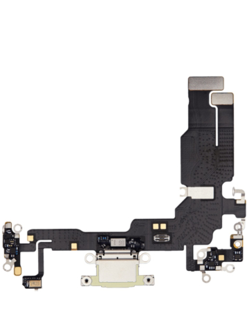 Shop the charging port flex cable for iPhone 15 in yellow, aftermarket version.
