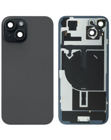 Stock up on the Back Glass with Frame and Wireless NFC Charging Flex and MagSafe Magnet for iPhone 15 in black, without the logo.
