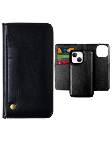 iPhone 14 Plus / 15 Plus Genuine Leather Magnetic Wallet Case with Credit Card Slot - BLACK (Only Ground Shipping)