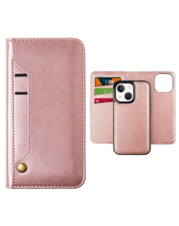 iPhone 14 Plus / 15 Plus Genuine Leather Magnetic Wallet Case with Credit Card Slot - ROSE GOLD (Only Ground Shipping)