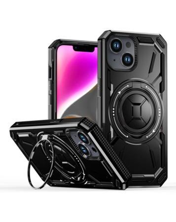 Full-Body Rugged Shockproof Case with Built-in Ring Holder - BLACK for iPhone 15 (Only Ground Shipping)