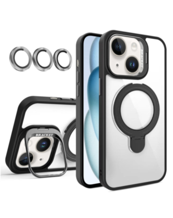 Magnetic Clear Case with 2 Kickstand & Camera Lens - BLACK for iPhone 15 (Only Ground Shipping)