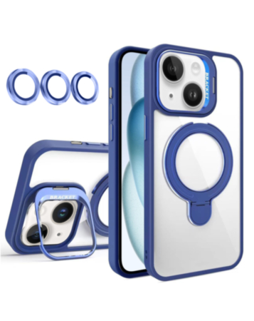 Magnetic Clear Case with 2 Kickstand & Camera Lens - DARK BLUE for iPhone 15 (Only Ground Shipping)
