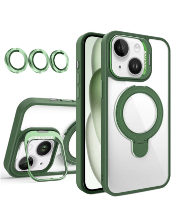 Magnetic Clear Case with 2 Kickstand & Camera Lens - DARK GREEN for iPhone 15 (Only Ground Shipping)