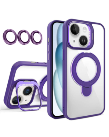 Magnetic Clear Case with 2 Kickstand & Camera Lens - DARK PURPLE for iPhone 15 (Only Ground Shipping)