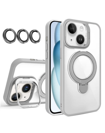 Magnetic Clear Case with 2 Kickstand & Camera Lens - GRAY for iPhone 15 (Only Ground Shipping)
