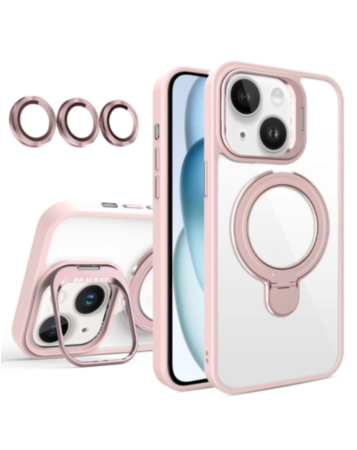 Magnetic Clear Case with 2 Kickstand & Camera Lens - PINK for iPhone 15 (Only Ground Shipping)