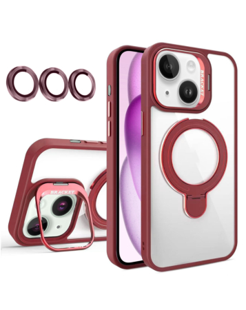 Magnetic Clear Case with 2 Kickstand & Camera Lens - WINE RED for iPhone 15 (Only Ground Shipping)