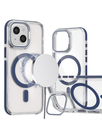 Thin Magnetic Clear Case with Camera Stand Kickstand - BLUE for iPhone 15 (Only Ground Shipping)