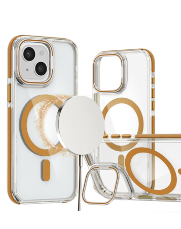 Thin Magnetic Clear Case with Camera Stand Kickstand - DESERT GOLD for iPhone 15 (Only Ground Shipping)