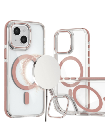 Thin Magnetic Clear Case with Camera Stand Kickstand - PINK for iPhone 15 (Only Ground Shipping)