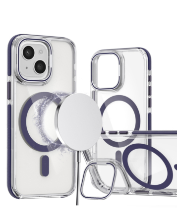 Thin Magnetic Clear Case with Camera Stand Kickstand - PURPLE for iPhone 15 (Only Ground Shipping)