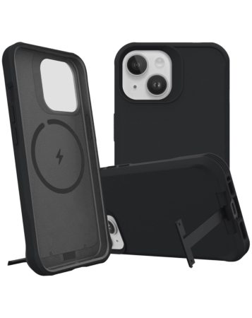 Wireless Charger Silicone Case with Metal Kickstand - BLACK for iPhone 15 Pro (Only Ground Shipping)