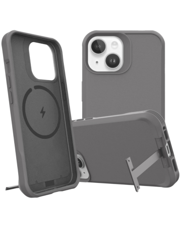 Wireless Charger Silicone Case with Metal Kickstand - GRAY for iPhone 15 Pro (Only Ground Shipping)