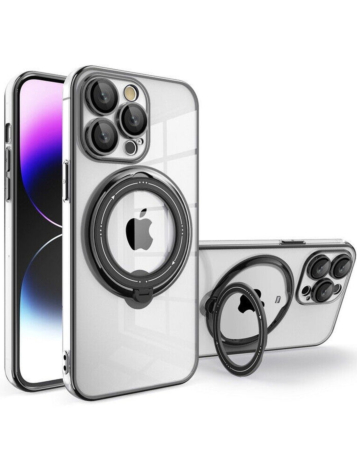 Magnetic Clear Cases with Magsafe Ring Stand - BLACK for iPhone 15 Pro (Only Ground Shipping)