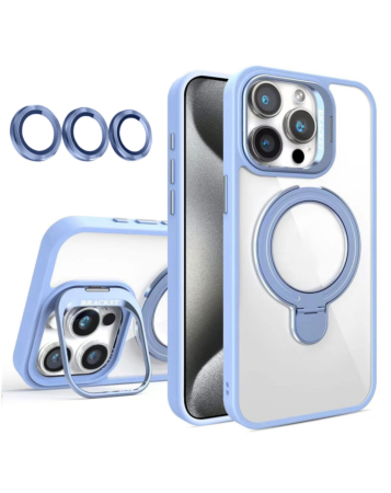 Magnetic Clear Case with 2 Kickstand & Camera Lens - LIGHT BLUE for iPhone 15 Pro (Only Ground Shipping)